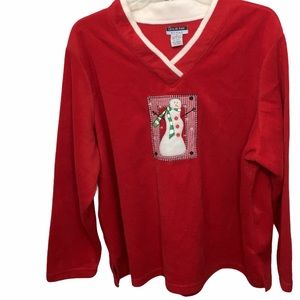 Leslie Fay V-Neck Snowman Pullover Fleece Top